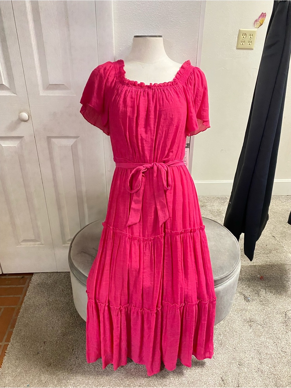 Luxology Fuchsia Tiered Maxi Dress with Tie Waist